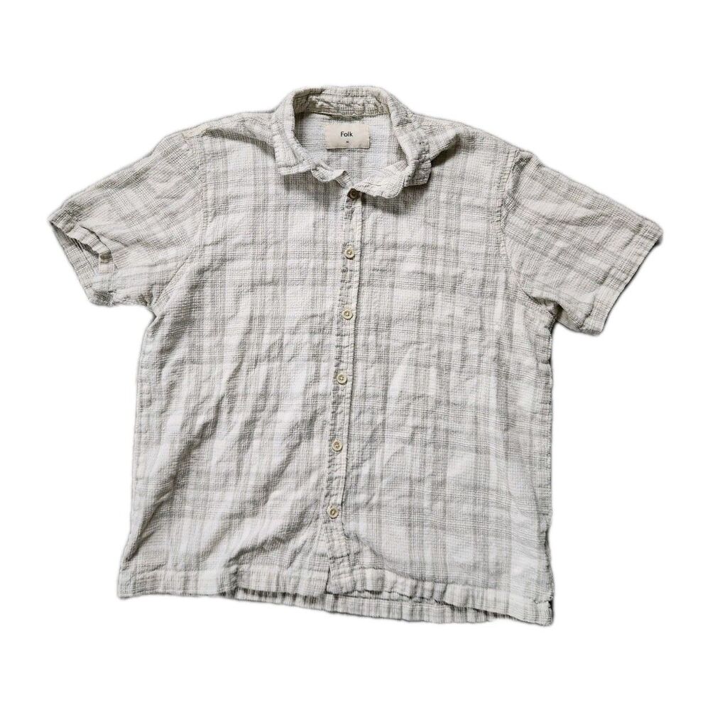 Folk Linen Blend Textured Plaid Button Front Shirt Mens M Short Sleeve Beige EUC